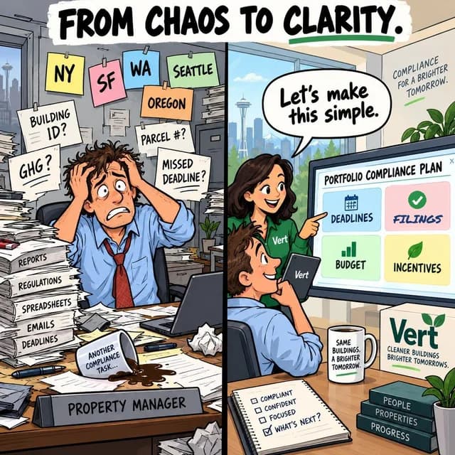 Cartoon: a property manager buried in deadlines from several cities, then calm with Vert and one compliance plan